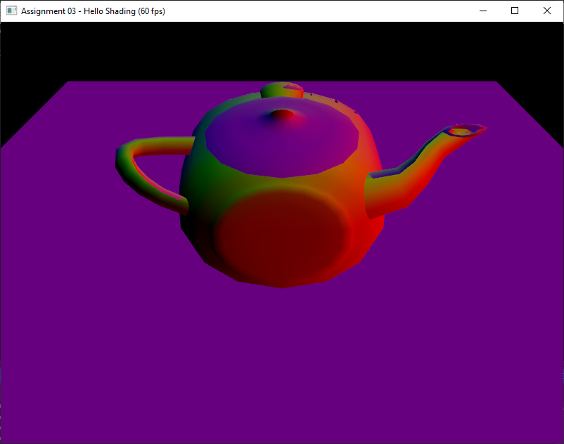 Normal visualization with one normal per triangle: the teapot surface appears faceted.