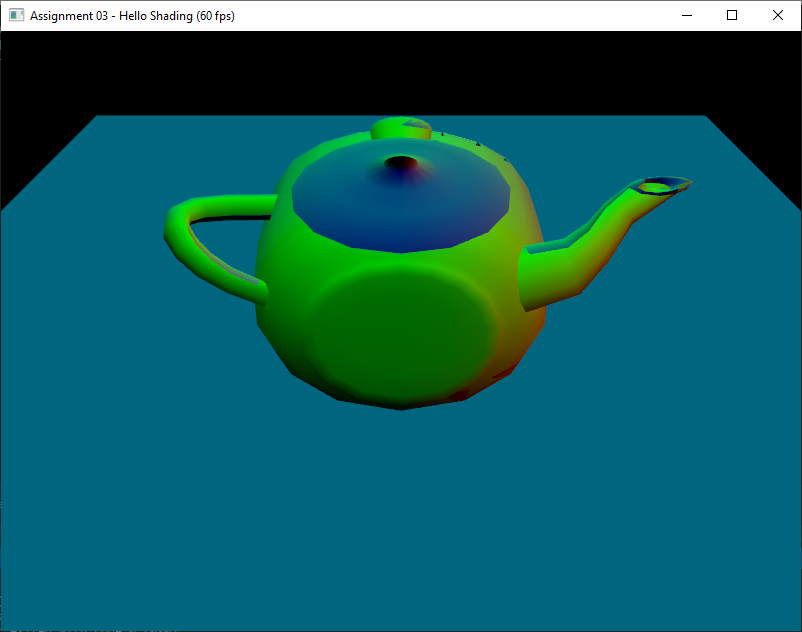 Normal colors evaluated at vertices and interpolated across the teapot triangles.